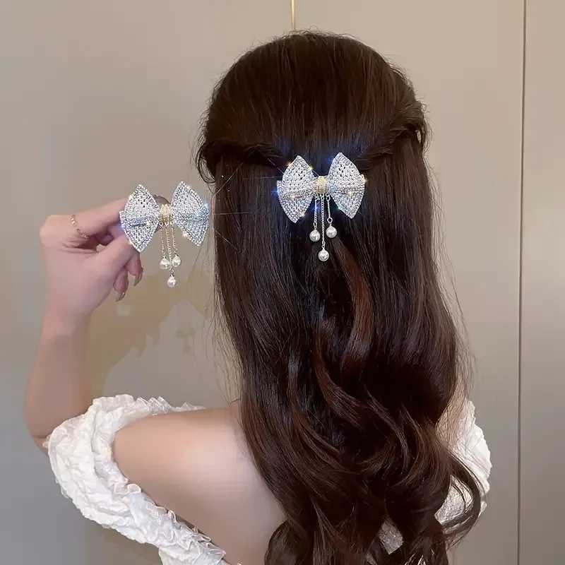 Elegant small hair with tassel design womens spring clip wide pearl rhinestone hair clip hair accessoryW251028