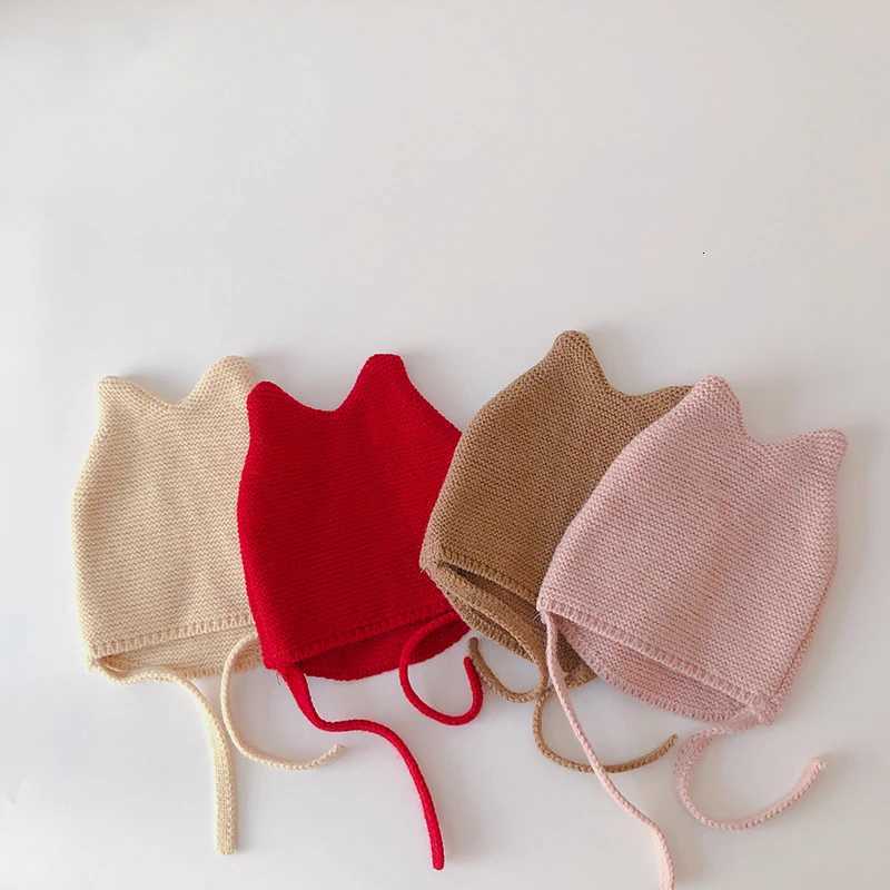 Cute Baby Ear Protection Hat Solid Color Infant Knitted Woolen Hat 624M Kids Winter Warm Tie Headgear Korean Children Beanies251028