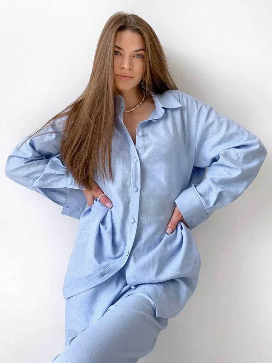 Blubelle 100 Cotton Blue Cardigan Long Sleeved Pants Pajamas TwoPiece Set Loose Casual Shirt Trousers Womens Home ClothingT251029