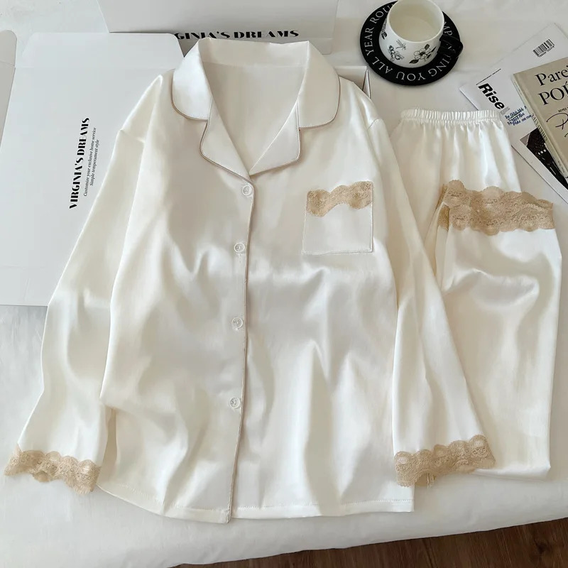 Womens SpringAutumn Ice Silk Nightwear Set Luxurious Lace Trim LongSleeved Lightweight Homewear Actual Product Pography 251029