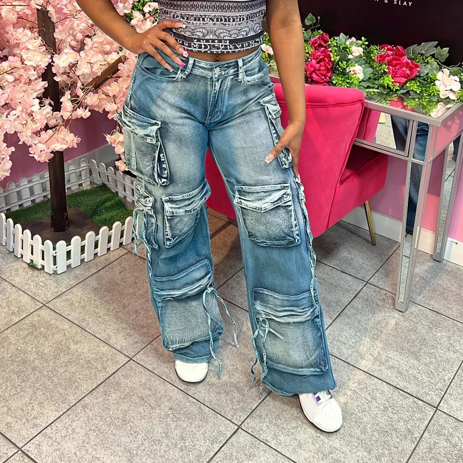 Retro Womens Cargo Jeans Mid Rise Denim Pants with MultiPockets Casual Long Trousers for Outdoor Office 251029