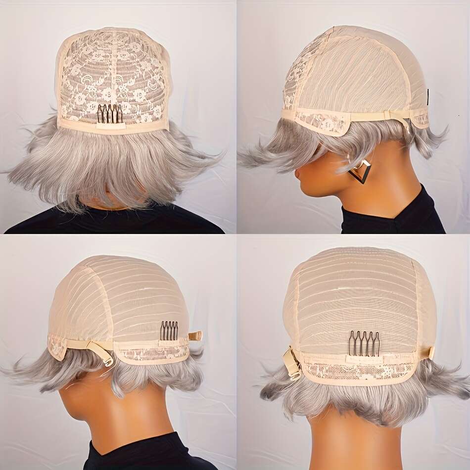-Looking Brazilian Human Pixie Cut Wig For Women Grey Short Bob With Bangs, 150% Density Glueless Layered Wig, Pre-Plucked Hairline Rose Net No Glue A