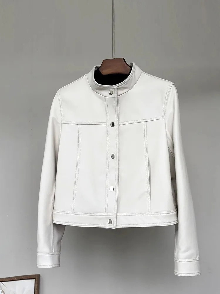 Lautaro Spring Autumn Short White Soft Pu Leather Jacket Women Stand Collar Long Sleeve Elegant Chic Clothing 251029