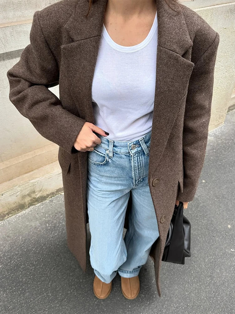 Brown Shoulder Pad Woolen Overcoat Women Elegant Lapel Singlebreasted Long Sleeve Coat Autumn Lady Outerwear 251021