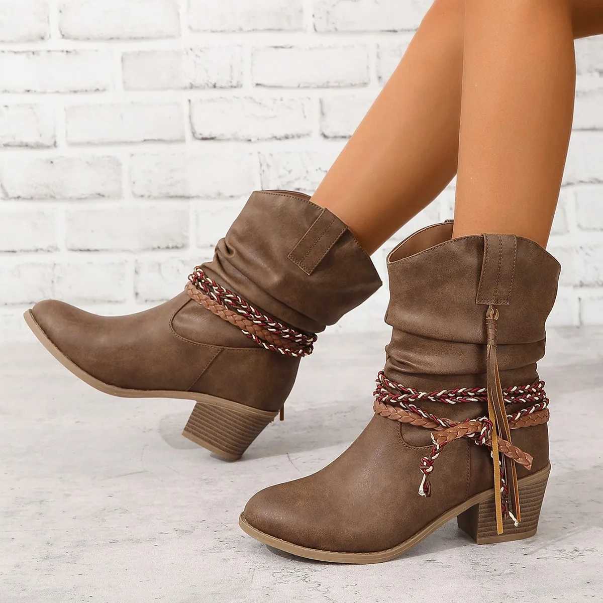 Women Vintage Brown Western Cowboy Boots Autumn Winter Tassel PU Leather Ankle Booties Ladies Pleated Highheeled Midcalf Boot Z251029