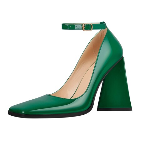 Chengdu Artisan Square Toe Heels 8.5cm Chunky Heel Ankle Strap Patent Leather Shoes Green Black