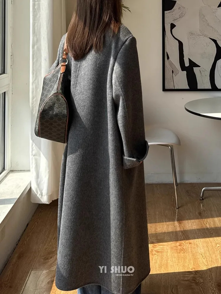 Long Loose Gray 100Wool Coat Women Korean Fashion Elegant Camel Winter Jacket 251028
