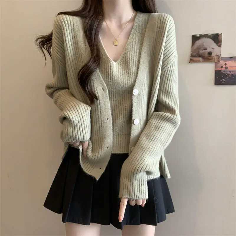 Large Womens Knitted Cardigan Jacket with Suspender Twopiece Set New Versatile Long Sleeved Sweater TopT251028