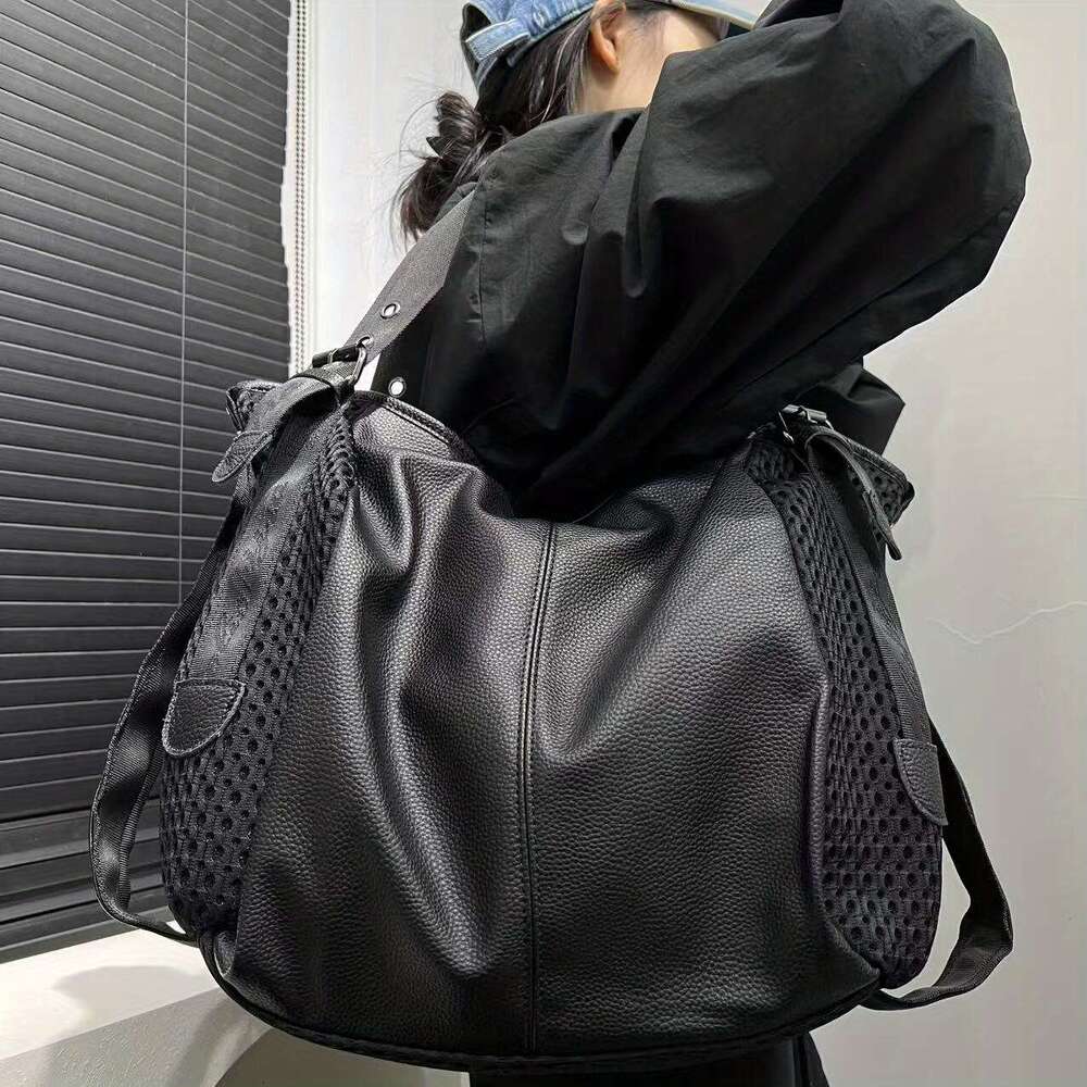 Large Capacity Mesh Spliced Shoulder Bag Street Style Handbag With Adjustable Strap, Black Nylon Polyester Lining, Zipper Closure For Daily