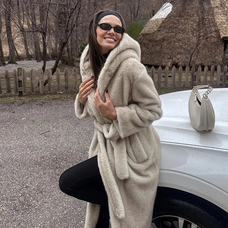 Winter Womens Mink Fur Jacket Lace Up Thickened Warm Pockets Coat For Female Long Hooded Ladys Plush 251028