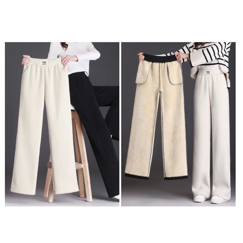Winter Female Straight Leg Plush Thermal Pants Lady High Waist Fleece Trousers Women Fashion Snow Warm Loose Daily Pants 251029