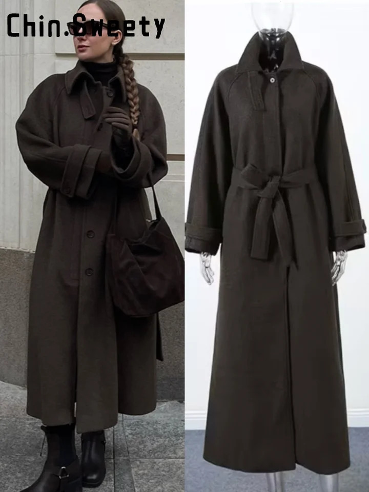 Elegant Brown Lapel Long Woolen Coats Women Stand Collar Hidden Single Breast Lace Up Coat 2025 Autumn Winter Lady Thick Jackets 251029