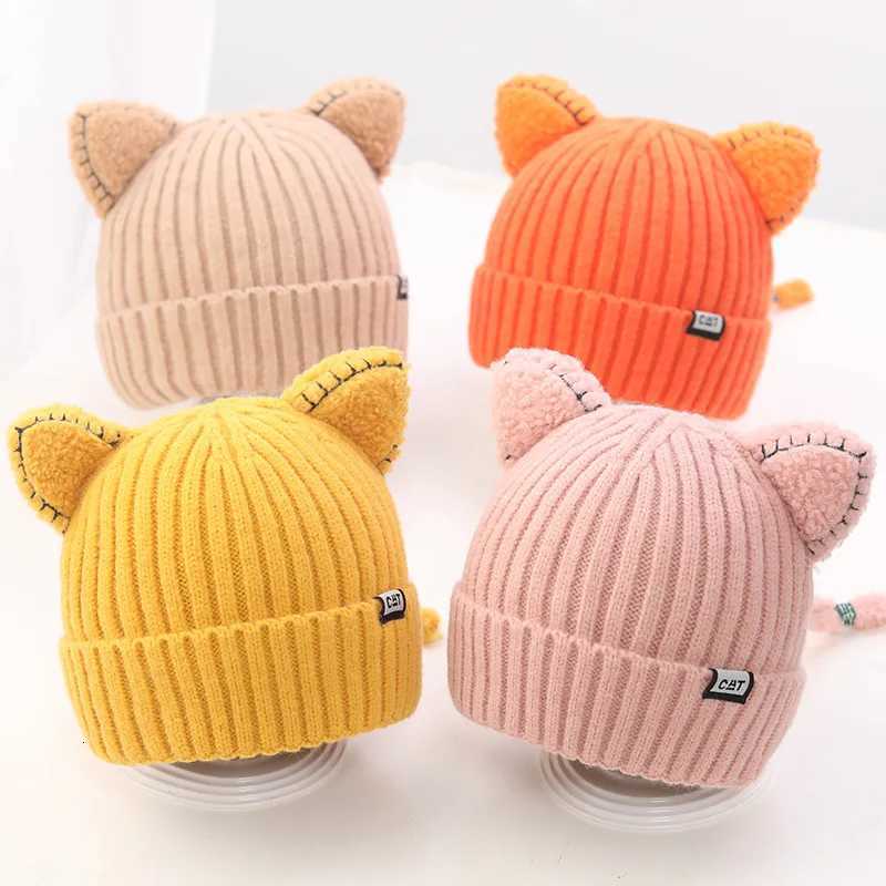 Solid Color Baby Winter Hat Kids Thicken Woolen Knitted Beanie Cartoon Cat Ear Girls Children Cold Proof Warm Ear Protection Cap251028