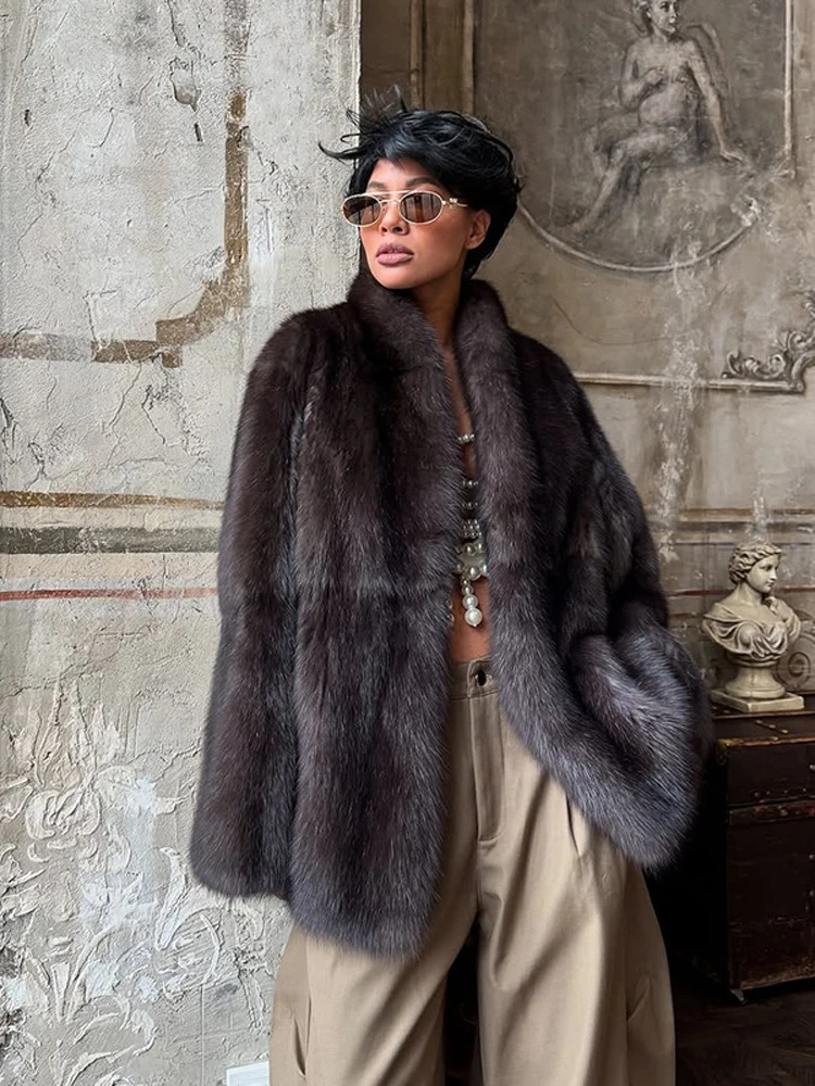 Solid Mediumlength Fur Coat Women Elegant Lapel Hidden Button Loose Outerwear 2025 Winter Office Lady Commute Overcoat 251029