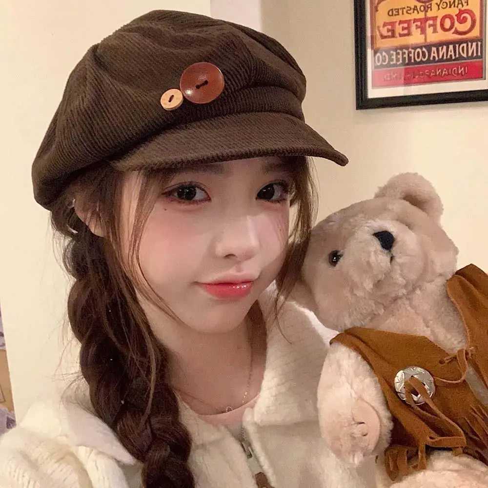 Brown Stripe Peaked Cap Fashion Outdoor Hat Double Button Decor Button Corduroy Item Useful Octagonal Cap Women Newsboy Hat