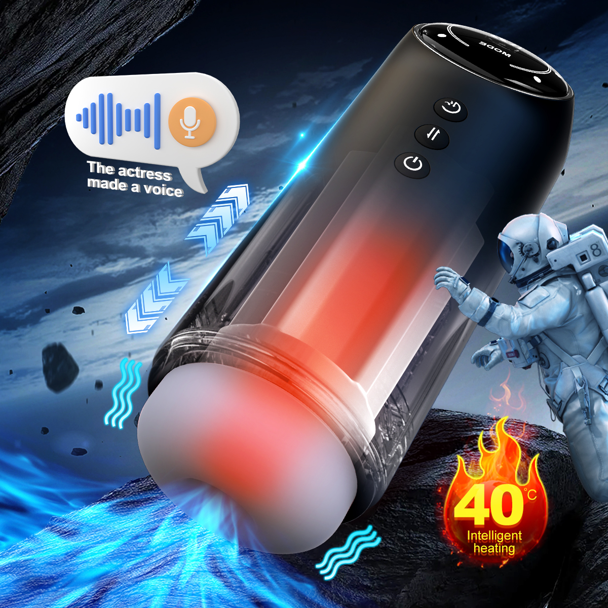 Male Masturbator Stroker Cup - 4 Thrusting, 4 Suction, 9 Vibration, Heating & Voice, Silicone/ABS/TPE, Type-C, Black/White, less than 60dB Quiet Adult