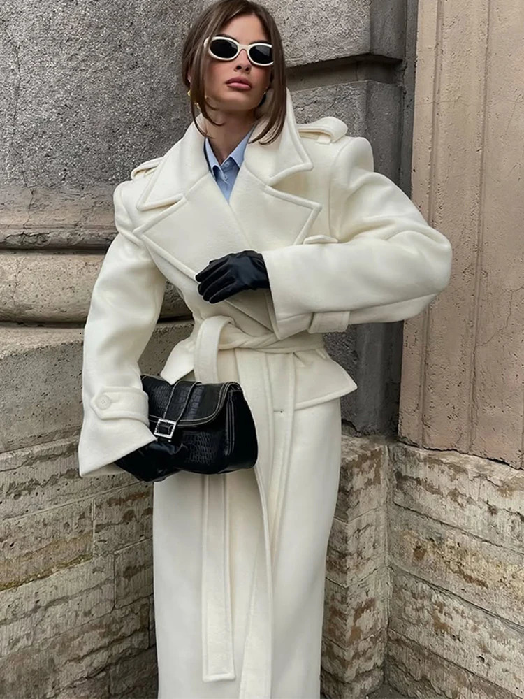 Elegant Solid Lace Up Overcoat Women Fashion Doublebreasted Wool Pockets Long Coats Autumn Winter High Street Outerwears 251028