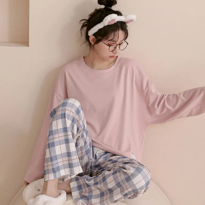 Womens Spring and Autumn Pajamas Loungewear Set Long Sleeve Korean Fashion Casual Plaid 251029