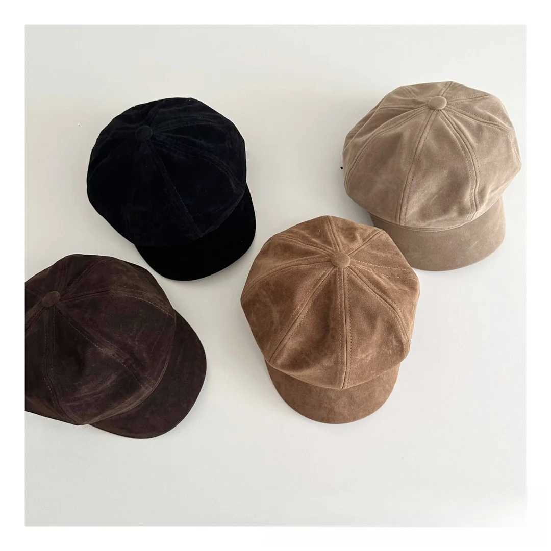 Childrens Hat Girl Japanese Style Kids Vintage Fashion Cap Children Suede Octagonal Beret with Short Brim251028