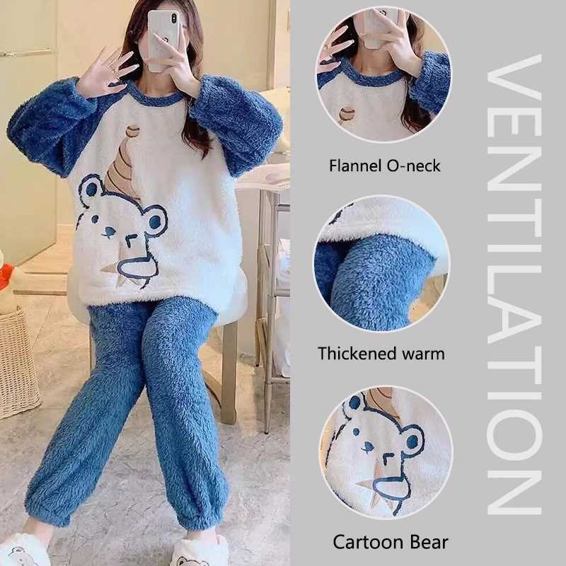 Thickened Warm Flannel Womens Sleepwear Coral Velvet Pajamas Winter Cute Cartoon Bear Padded Two Sets Girl Nightwear LoungewearT251029