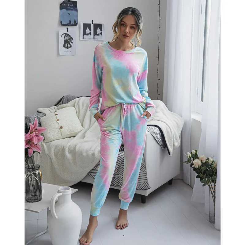 2025 Fall and Winter Womens TwoPiece Set Casual Round Neck Sportswear Ladies TieDye Printing LongSleeved Casual HomewearT251029