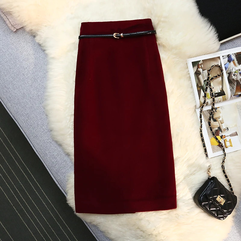 Seoulish 2024 Autumn Winter Wrapped Woolen Midi Skirts for Women Fashion High Waist Solid Color Office Lady Straight Skirts 251028