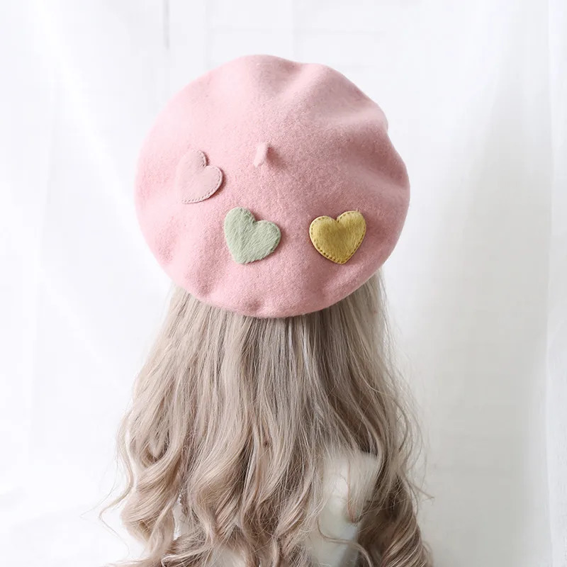 Cute Girls Kawaii Little love Beret Sweet Lolita Headwear Purple Beanies Hat Handmade Wool Felt Women Beret Wholesale 251029
