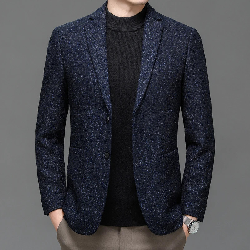 Classical Men Navy Blue Tweed Wool Blazers Sheep Woolen Suit Jackets Gentlemen Fashion Outfits for Business and Casual Wear 251028