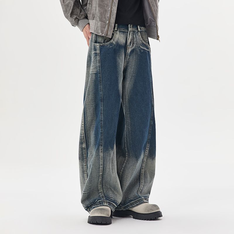 Japanese-style gradient high-end curved jeans, men's retro washed American straight-leg pants, autumn versatile wide-leg pants---9006