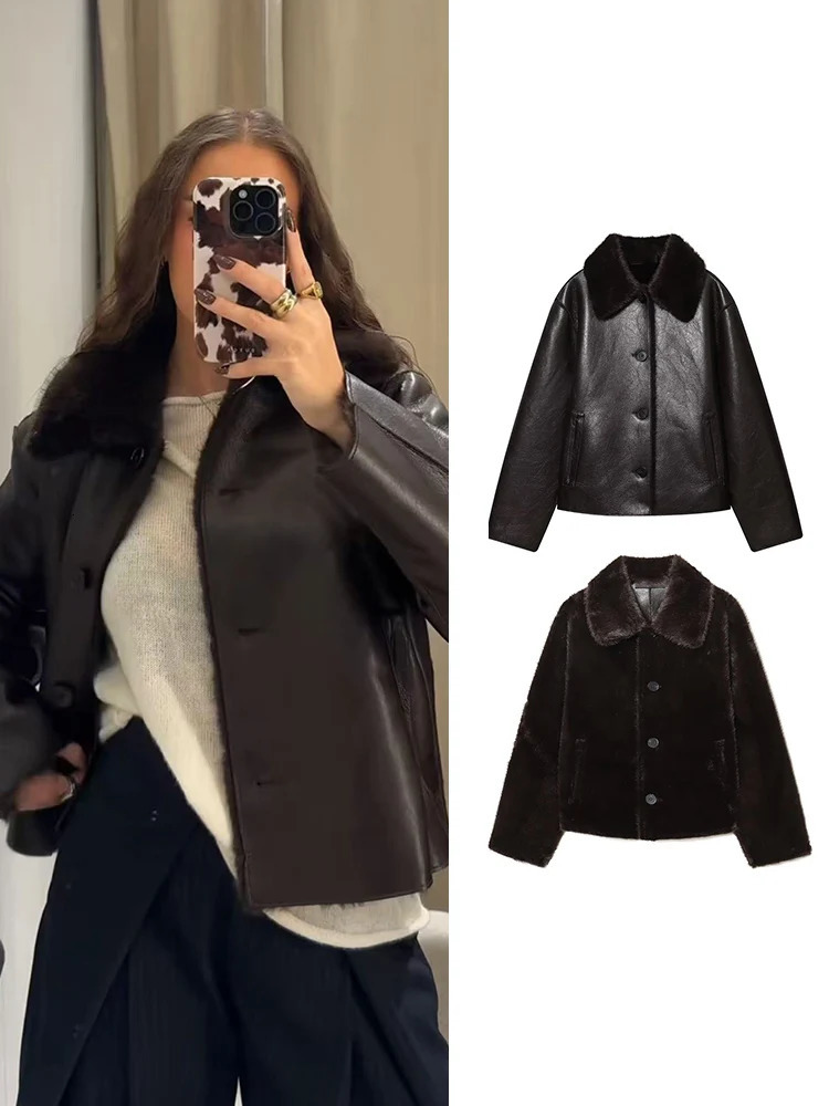 TFMLN Women Reversible Leather Jackets Fashion Winter 2025 Faux Fur PU Double Sided Short Coat Female Warm Outerwears 251029