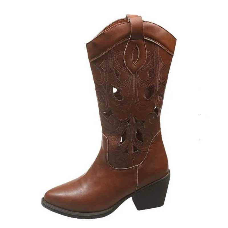 2025 Hollow Embroidered Vintage Western Boots Women Autumn Chunky Heels Knee High Cowboy Boots Woman Pu Leather Knight Booties Z251029