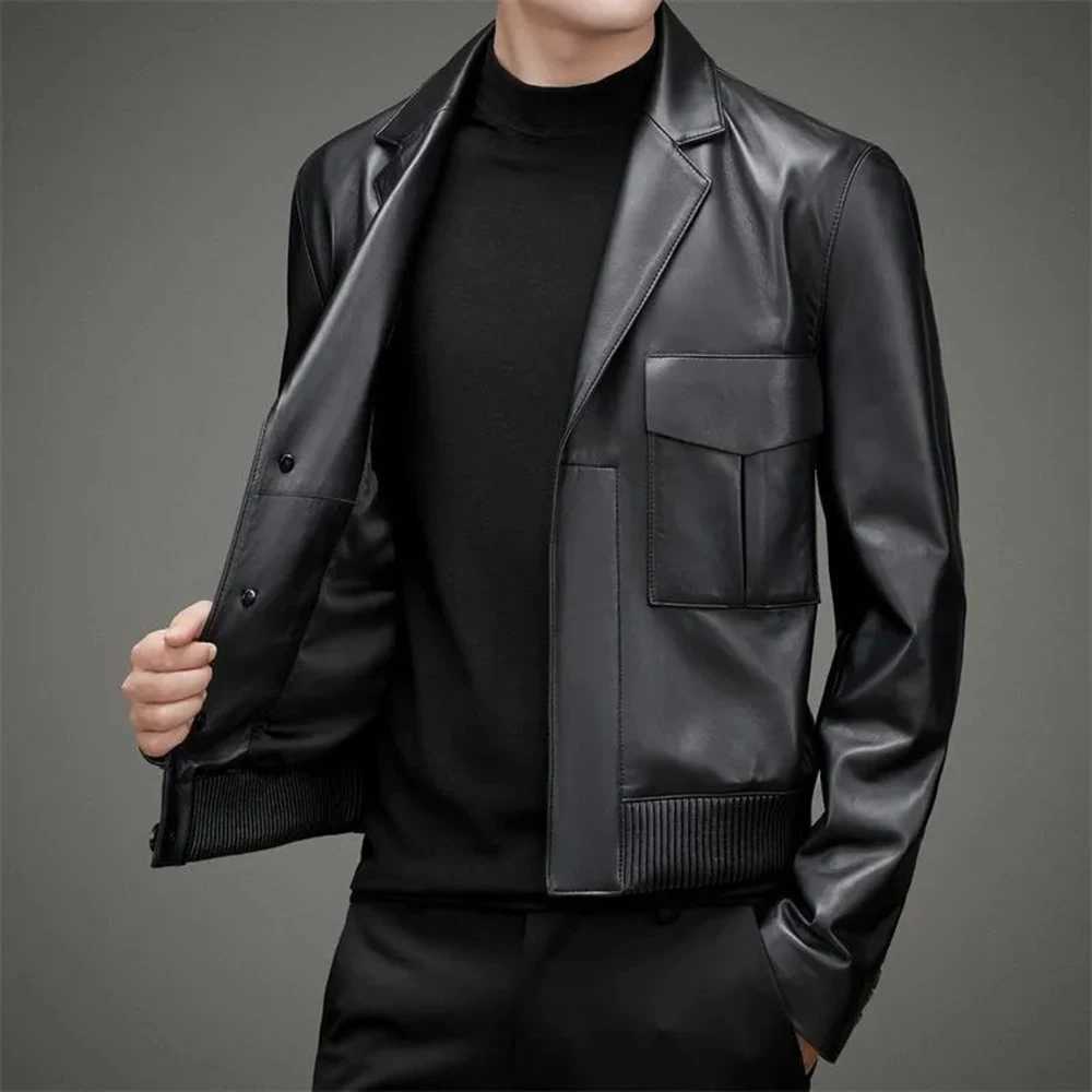 Mens Y2k Leather Jacket Autumn Winter New Suit Collar Short Leather Jacket Casual Fashion AllMatch Trend Motorcycle Top CoatT251029