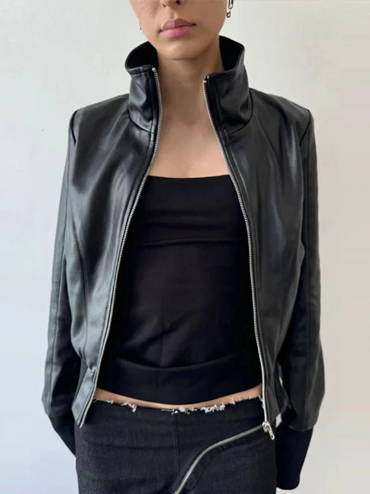 Chic Faux Leather Stand Collar Cropped Jacket Coat Womens ZipUp Ribbed Hem Slim Fit Short Outerwear 2025 Spring Autumn Outfit 251029