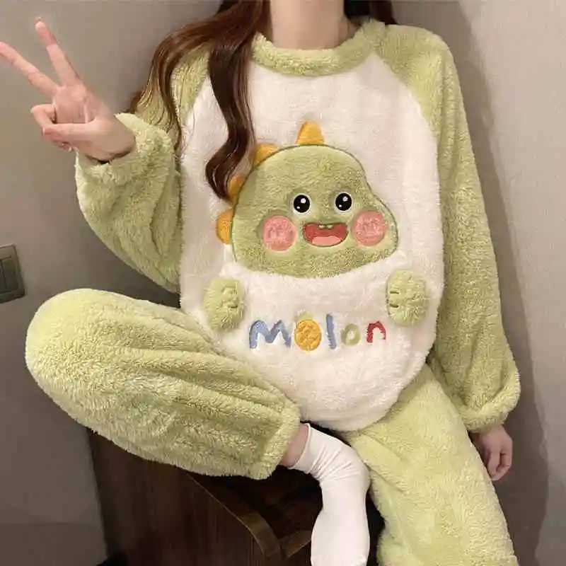 Panda Cartoon Warm Sleepwear Womens Pajamas With Pants Set Lovely Cute Pajama Female Flannel Long Sleeve 2 Pieces Home SuitT251029