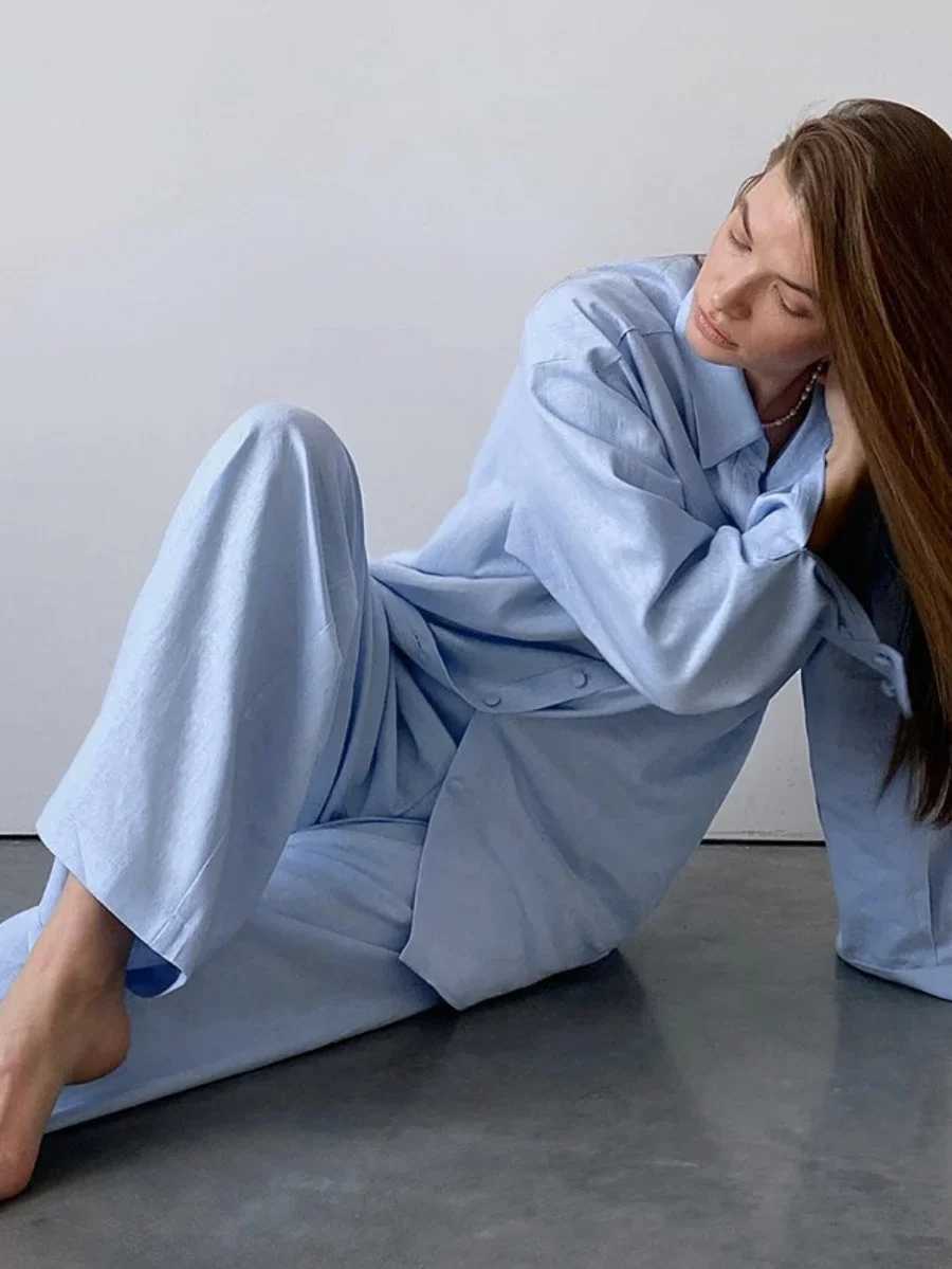 Blubelle 100 Cotton Blue Cardigan Long Sleeved Pants Pajamas TwoPiece Set Loose Casual Shirt Trousers Womens Home ClothingT251029