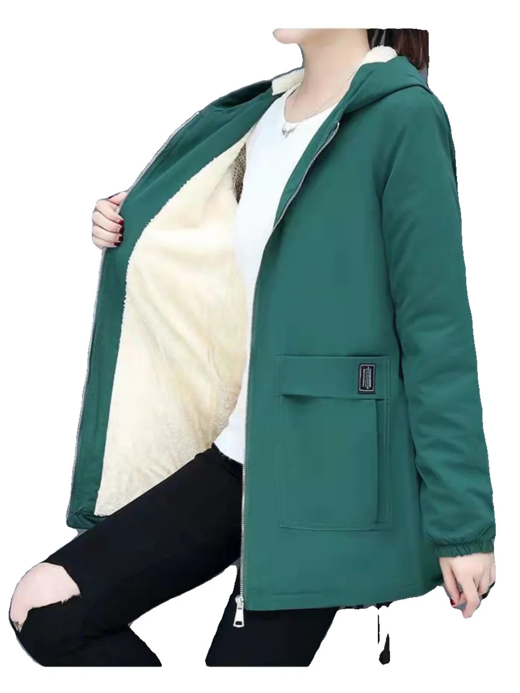Sli Thiened Fce Womens Coat Autumn Winter Arrival Casual Mom Clothes Long Sve Hooded MidLength Polyester Fiber 251029