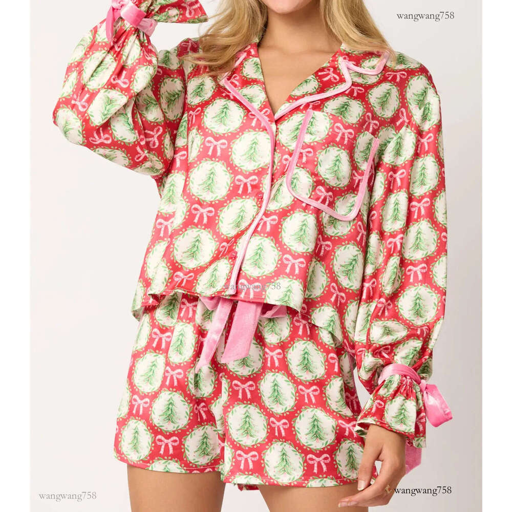 Hirigin Women 2 Piece Christmas Pajamas Set Bow Tie Long Sleeve Button Shirt Ruffle Shorts Colorful Print Pjs Sets Sleepwear 241112