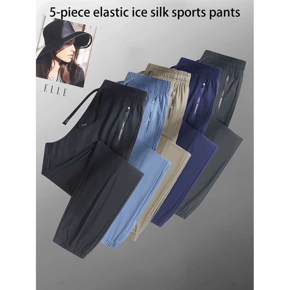 5pcs Women's High-Stretch Ice Sliky Fiber Athletic Leggings Full-Length Workout Pants with Zipper-Free Drawstring Waist & Zipper Pockets, Multi-C
