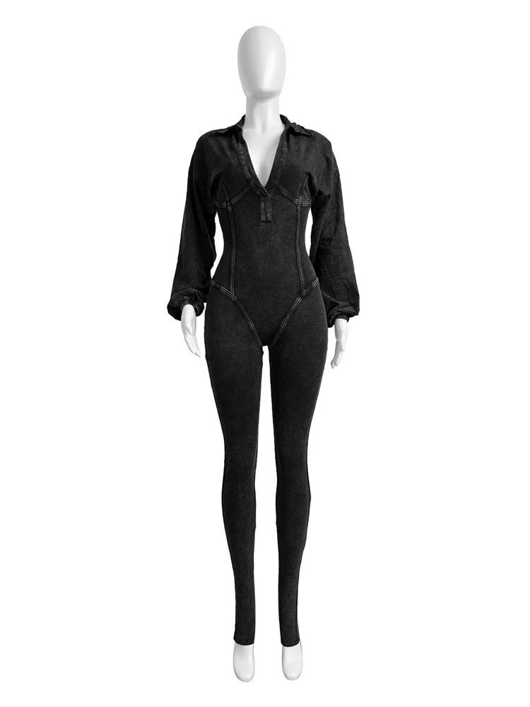 Weird Puss Washed Distressed Jumpsuit Women Ribbed VNeck Solid SKinny Long Sleeve Fall Casual Trend Simple Activity Streetwear 251027