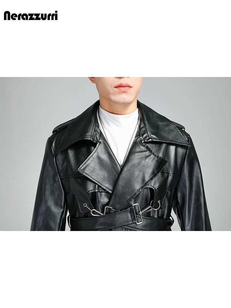 Nerazzurri Autumn Oversized Cool Brown Long Pu Leather Trench Coat Men Double Breasted Luxury Designer Punk Syle Clothes 2023T251029