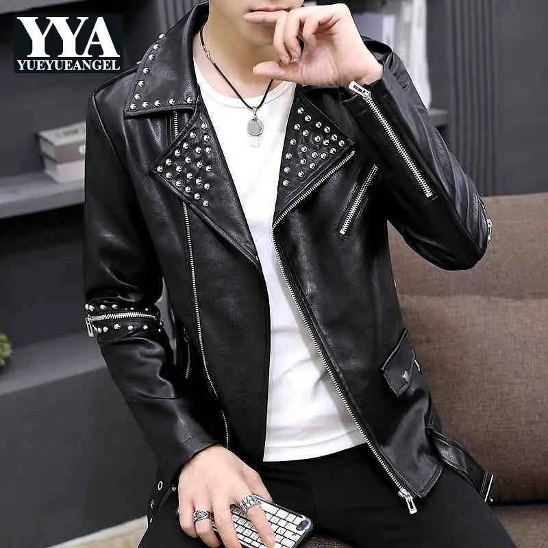 Personality Men Rivet Leather Jacket Fashion Punk Zipper Motorcycle Coat Teenager Nightclub Casual Pu Leather Lapel Slim JacketT251029