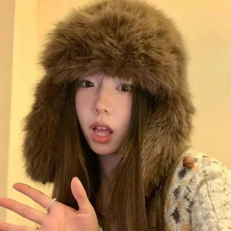 Thicken Faux Fur Winter Warm Ear Protection Bomber Hat Outdoor Russian Windproof Anticold Furry Earflap Hat For Skiing 251029
