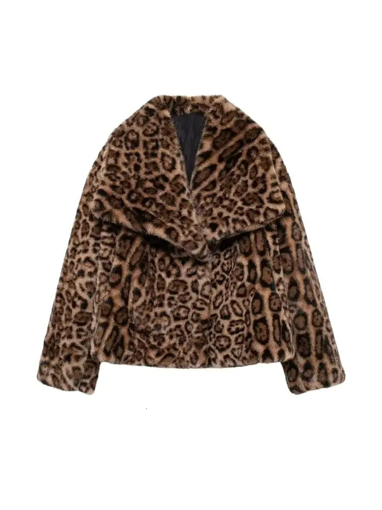 Womens Thick Warm Leopard Faux Fur Jacket Lapel Collar Coat Long Sleeve Female Outerwear Chic Tops Fashion 251029