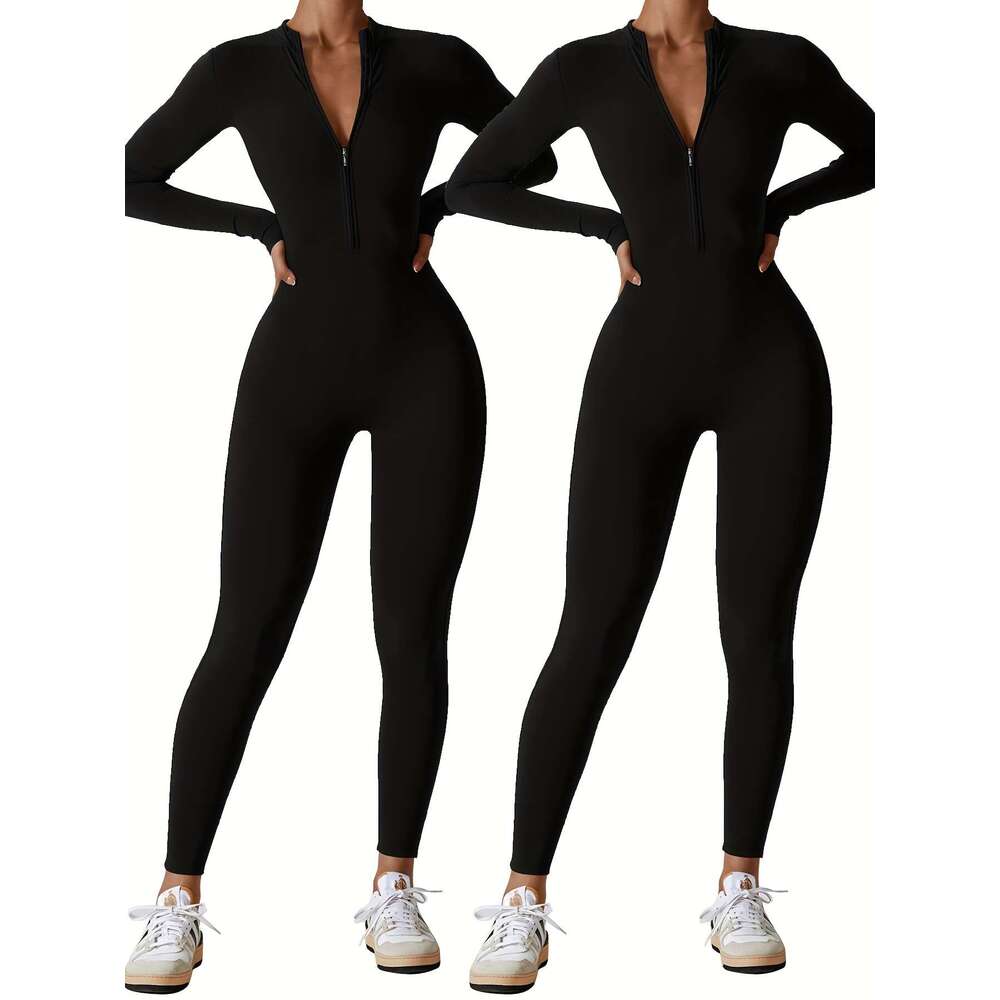 2Pcs Full-Zip Yoga Jumpsuits Full-Body Workout Bodysuits With Full-Length Zipper, High-Elasticity Full-Coverage Gym Suits For Dance, Cycling, Gymnasti