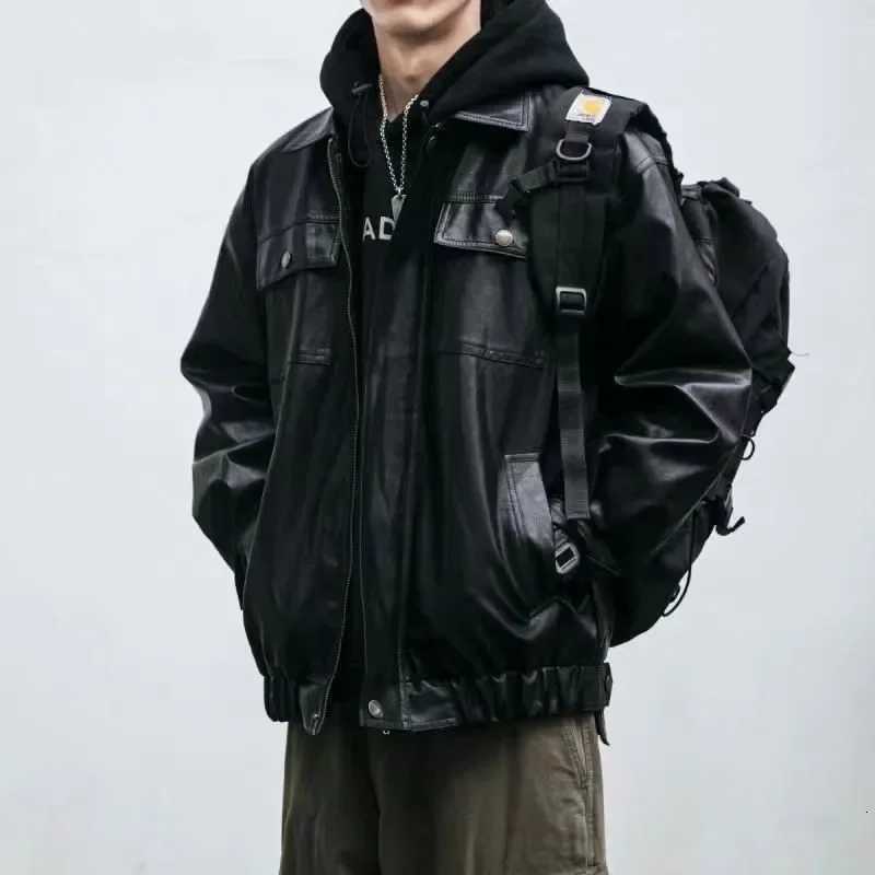 Oversized Mens Leather Jackets Black VIntage PU Biker Coat Faux Leather Bomber Jacket Punk Big Pockets Windbreaker OvercoatT251029