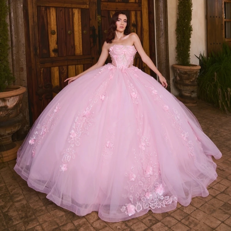 Pink Ball Gown Quinceanera Dresses Off The Shoulder Sequin Applique Flower Beads Bow Tull Party Birthday Sweet 16 Dress Vestidos