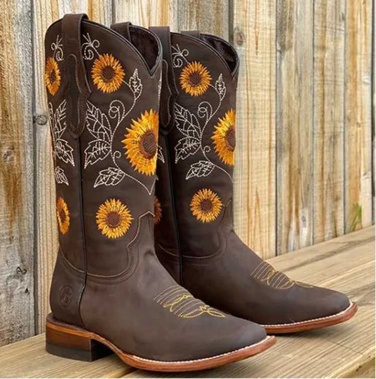 New Women Coffee Brown Embroidery Boots PU Leather Printed Western Cowboy Boots Deep Vmouth High Tube Casual Boots size 3543 Z251029