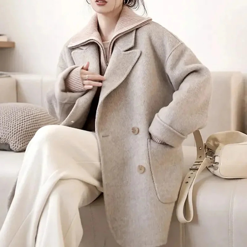 Korea Woolen Long Jackets Coats Tops Winter Laper Double Breasted Abrigos Casual Chaquetas Overcoat Classic Women Warm Casacos 251028