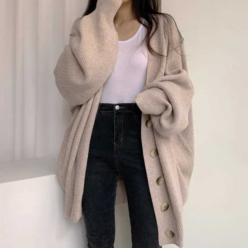 New Casual Vneck Singlebreasted Loose Knitted Cardigan Sweet Lantern Sleeve Sweater Coat Autumn Solid Color Womens KnitwearT251028