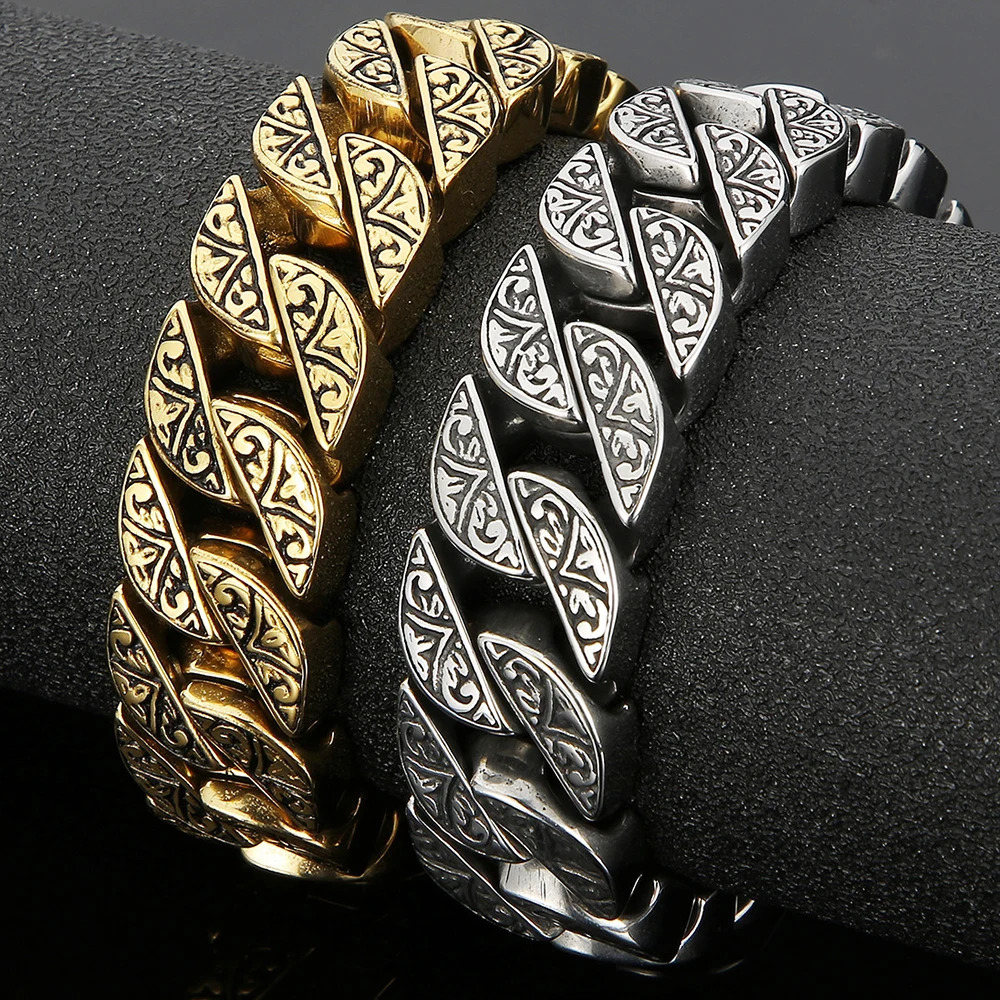 Stainless Steel 17MM Wide Chain Man Bracelet Homme Gold Color Metal Strap Mens Bracelets For Man Products 79 Wholesale 251028